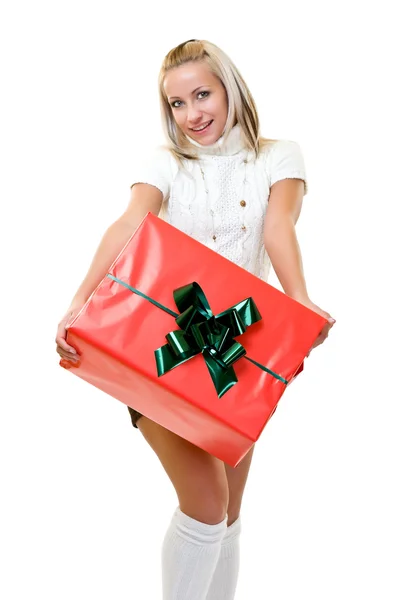 Blonde woman giving a gift — Stock Photo, Image