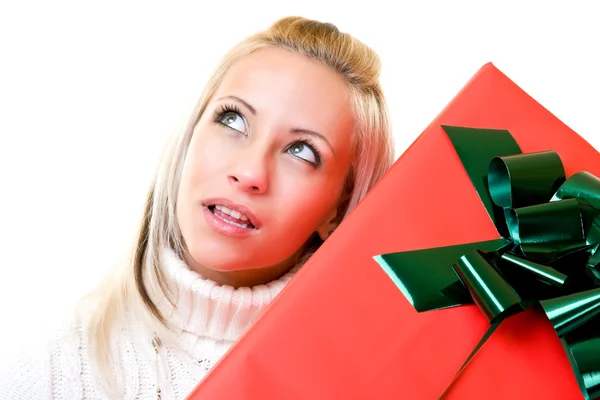 Portrait of a young woman with gift — Stock Photo, Image