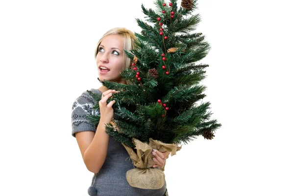 Mooie vrouw houdt van een kerstboom — Stockfoto