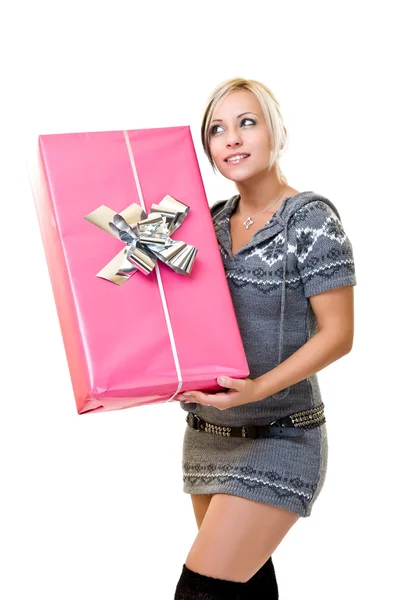 Nice woman thinking, what is in the box?! — Stock Photo, Image