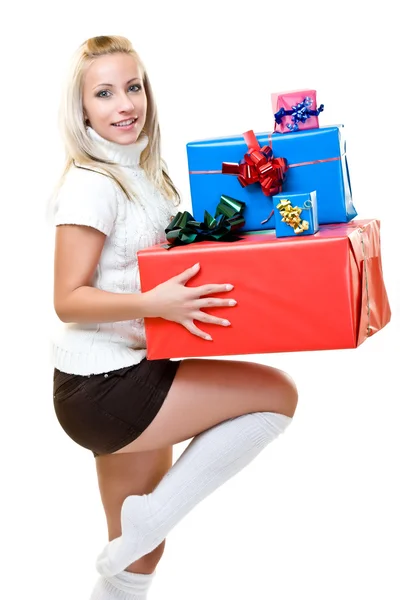 Sexy woman holding christmas-box — Stock Photo, Image