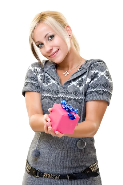 Woman giving a small pink present — Stock Photo, Image