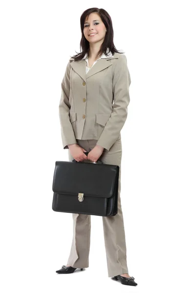 Забавная деловая женщина с огромным портфелем — стоковое фото