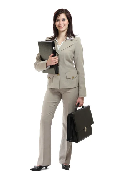 Бізнес-леді посміхається і тримає портфель — стокове фото