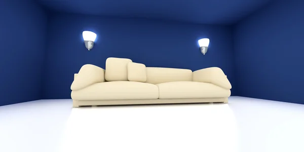 一个蓝色的房间里的沙发 — 图库照片