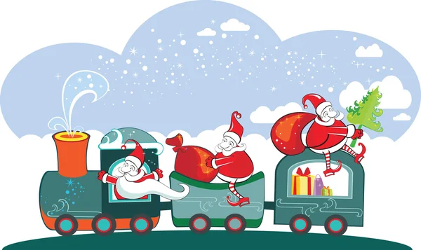 Happy 3 Santa Claus on the train with bags. — Stock Vector