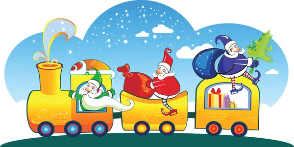 Drei glückliche Weihnachtsmänner im Zug mit Tüten. — Stockvektor