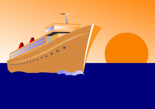 Kryssningsfartyg vid solnedgången — Stock vektor