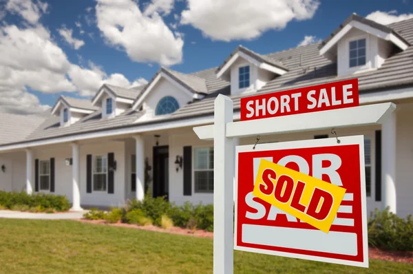 Sold Short Sale Real Estate Sign, House Stock Photo
