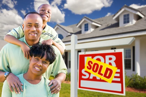 African American Family and Sold Sign — Stock Photo, Image