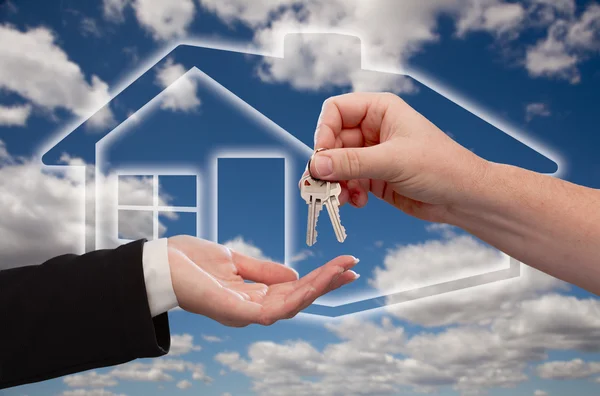 Handing Over Keys on Ghosted House, Sky — Stock Photo, Image