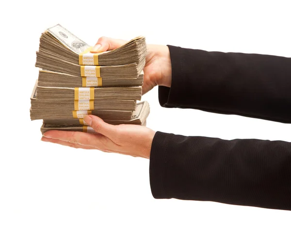 Woman Handing Over Hundreds of Dollars — Stock Photo, Image