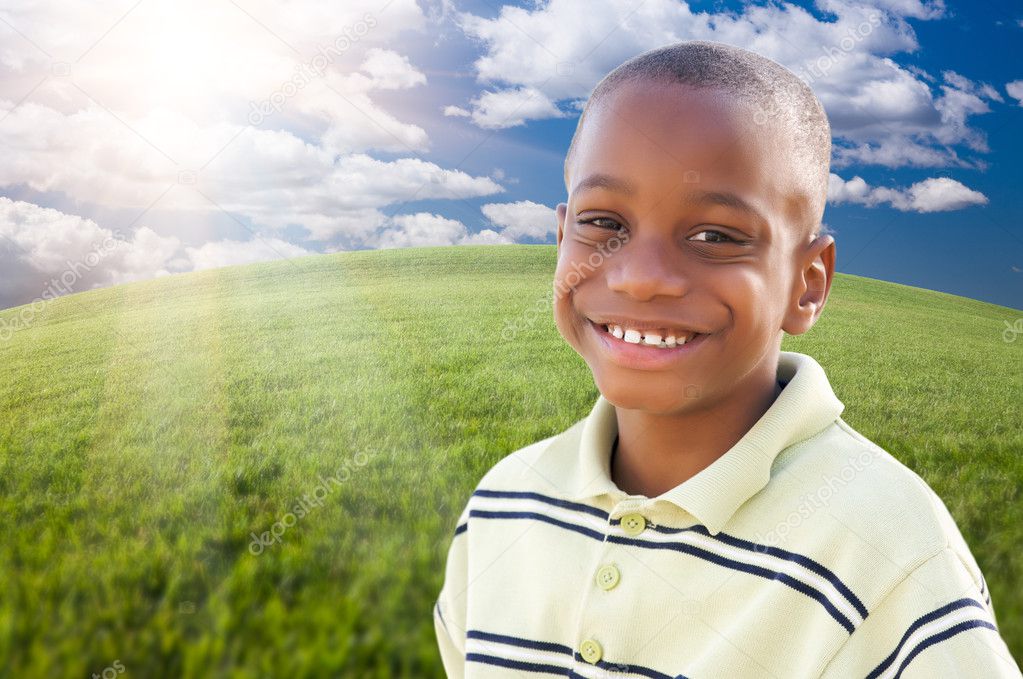 Handsome African American Boy Over Clouds, Sky