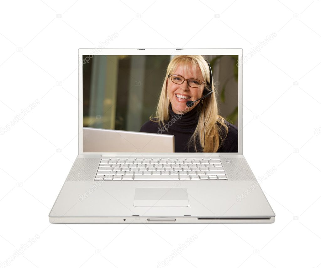 Woman with Phone Headset on Laptop scree