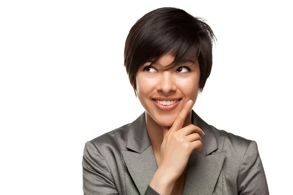 Mujer adulta joven multiétnica bastante sonriente con los ojos arriba y sobre aislados —  Fotos de Stock