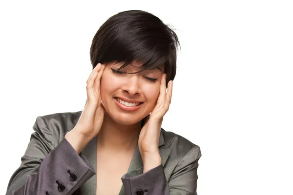 Mujer adulta joven multiétnica con dolor de cabeza aislada sobre un fondo blanco . —  Fotos de Stock