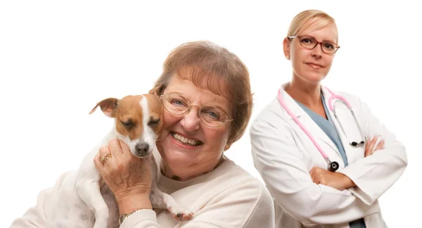Счастливая пожилая женщина со своей собакой и ветеринаром, изолированная на белом бэкгре — стоковое фото