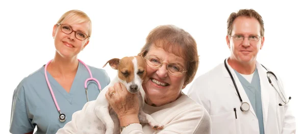 Felice donna anziana con cane e veterinario e infermiera isolato su un bianco — Foto Stock