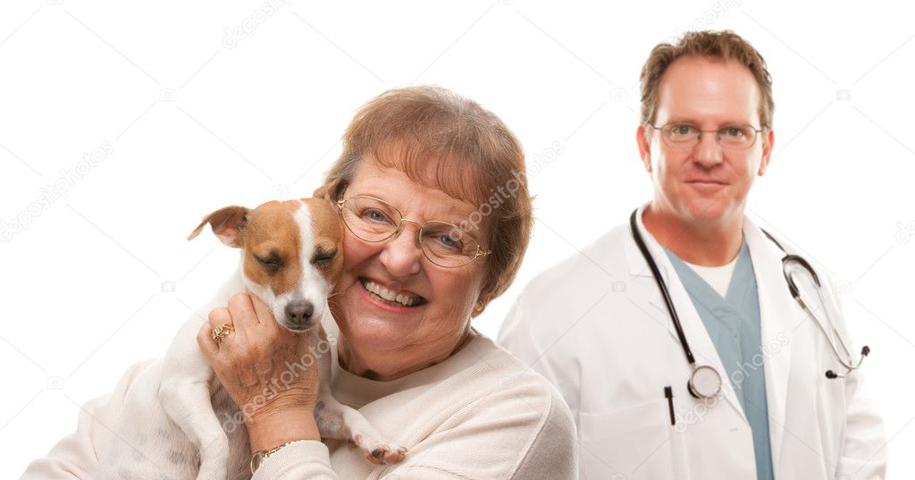 Happy Senior Woman with Her Dog and Male Veterinarian Isolated on a White B