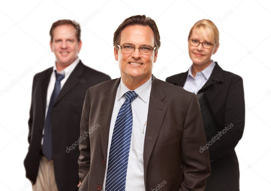 Businessman with Team Portrait on White