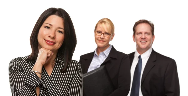 Hispanic Woman In Front of Businesspeople on White — Stock Photo, Image