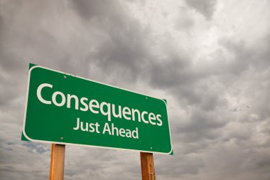 Consequences Green Road Sign Over Storm Clouds clipart