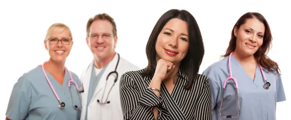 Hispanic Woman with Male and Female Doctor or Nurse — Stock Photo, Image