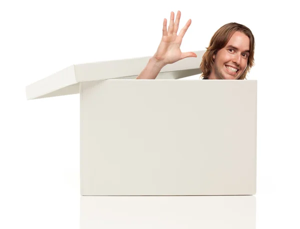 Mans Head, mão acenando Pops de caixa branca em branco — Fotografia de Stock