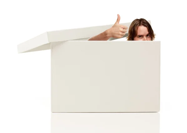 stock image Mans Head and Thumbs Up Pops from Blank White Box