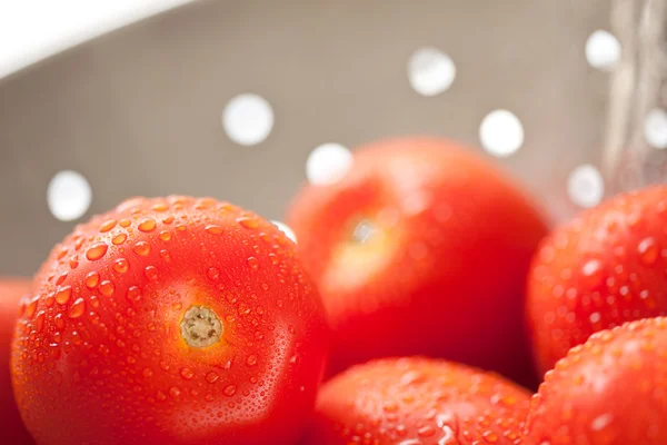 Verse, levendige roma tomaten in vergiet met waterdruppels — Stockfoto