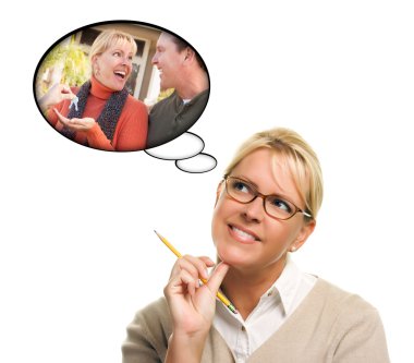 Woman with Thought Bubbles of Getting The Keys to a New Home clipart