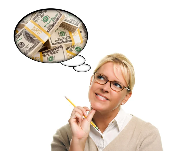 Mulher com bolhas de pensamento Lotes de dinheiro — Fotografia de Stock