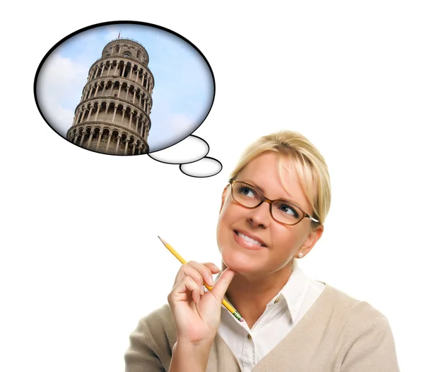 Woman with Thought Bubbles of Travelling to Europe — Stock Photo, Image