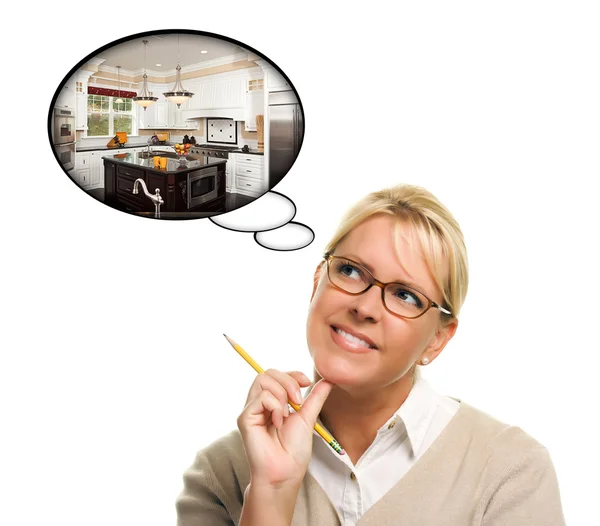 Woman with Thought Bubbles of a New Kitchen Design — Stock Photo, Image