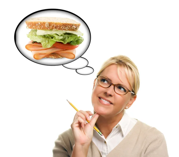 Mulher com fome com bolhas de pensamento de sanduíche grande e fresco — Fotografia de Stock