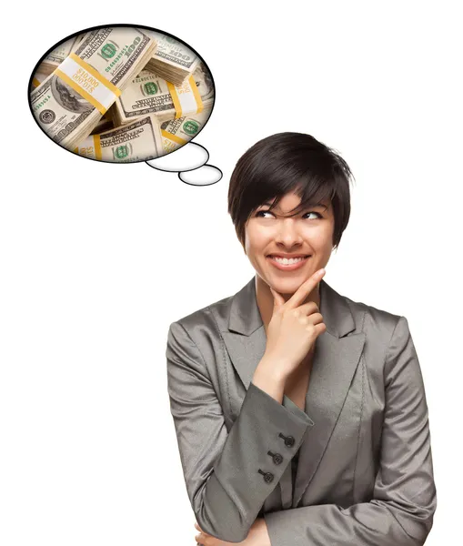 Mulher Multiétnica bonita com bolhas de pensamento de pilhas de dinheiro — Fotografia de Stock