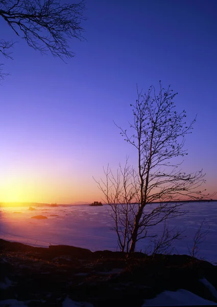 Besneeuwde lake bij zonsondergang — Stockfoto