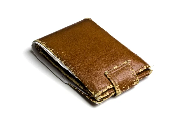 Eski Kahverengi cüzdan üzerinde beyaz izole — Stok fotoğraf