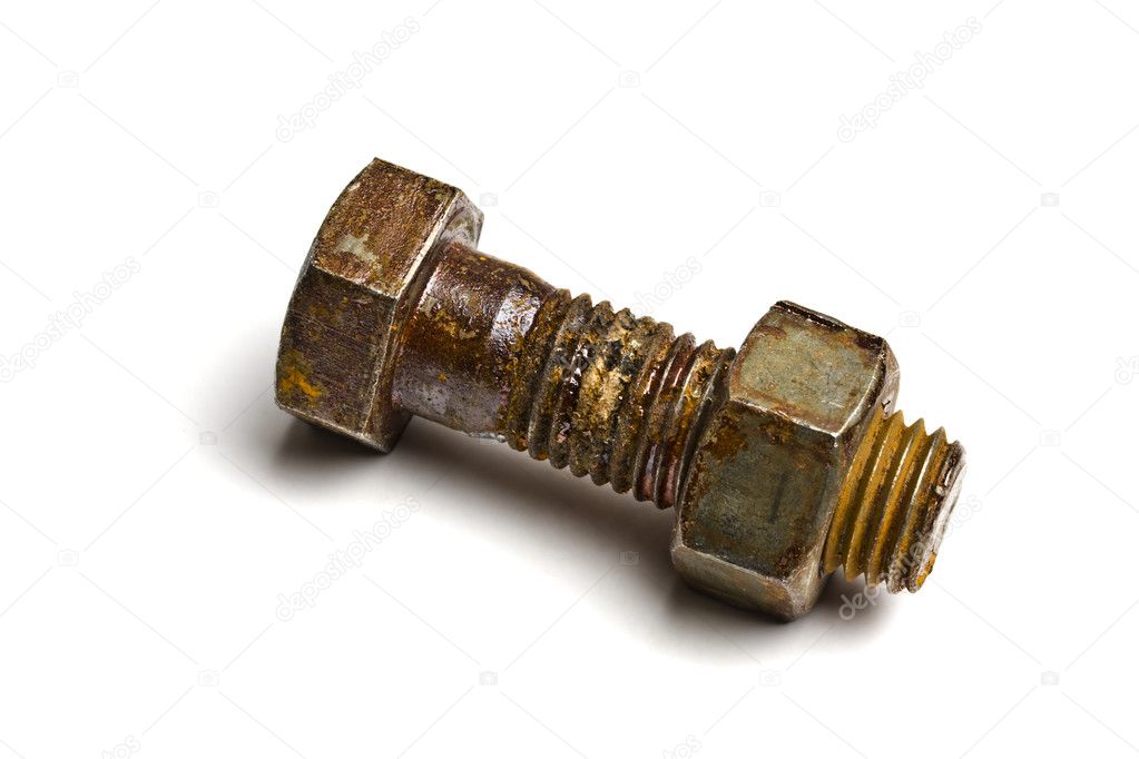 Rusty bolt with nut isolated on white