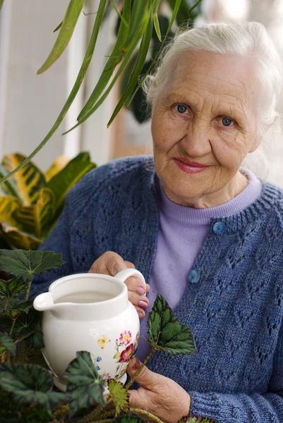 Ηλικιωμένη γυναίκα με φυτά — Φωτογραφία Αρχείου