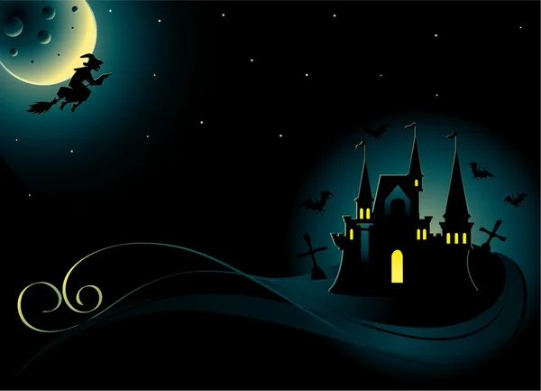Carte Halloween avec château et sorcière — Image vectorielle