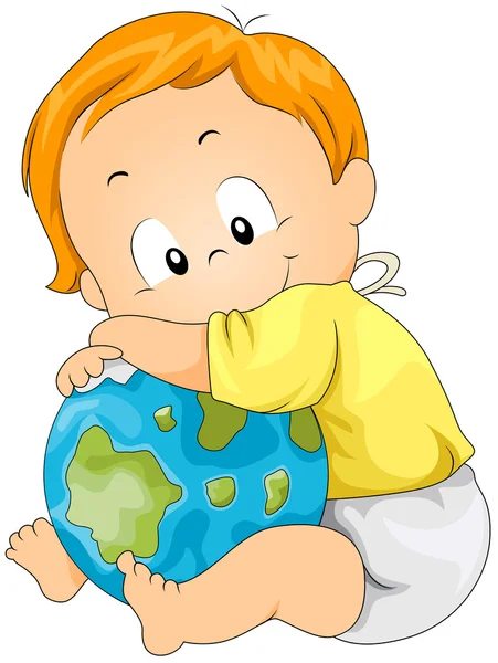 Bebé abrazando globo — Vector de stock