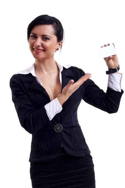 Empresária apresentando cartão — Fotografia de Stock