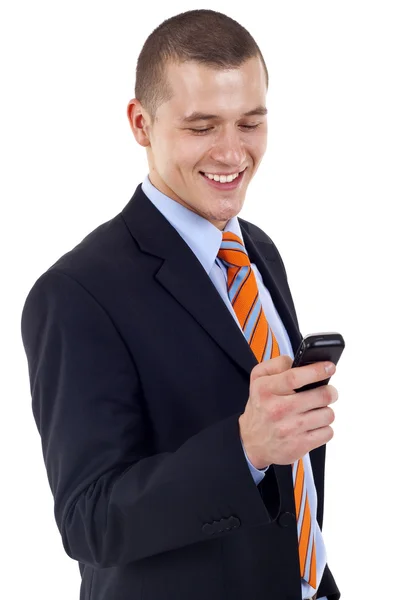 携帯電話上のビジネスマンのテキスト メッセージ — ストック写真