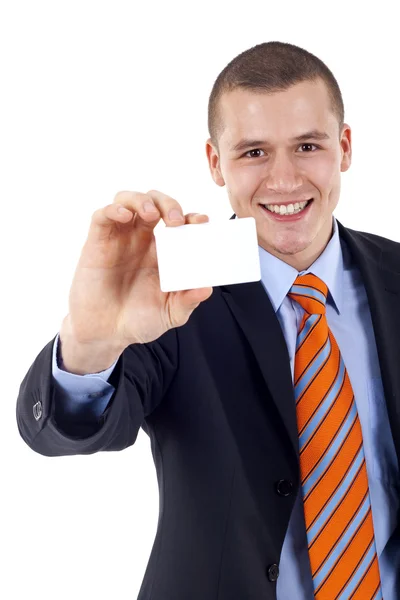 Hombre presentando tarjeta en blanco — Foto de Stock