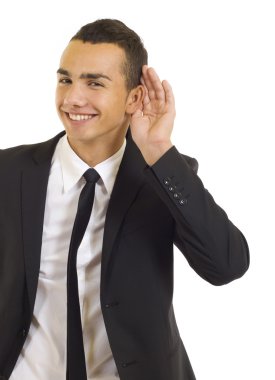 Man cupping hand behind ear clipart