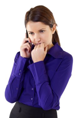 A businesswoman worries over the phone clipart