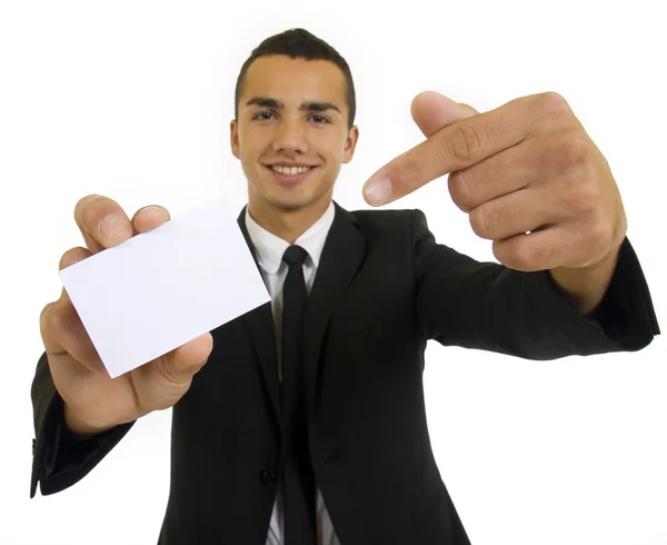 Empresário está mostrando cartão em branco — Fotografia de Stock