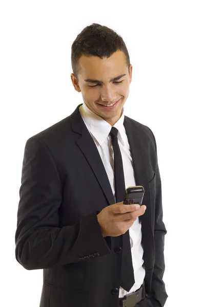 Glad ung håller mobiltelefon — Stockfoto