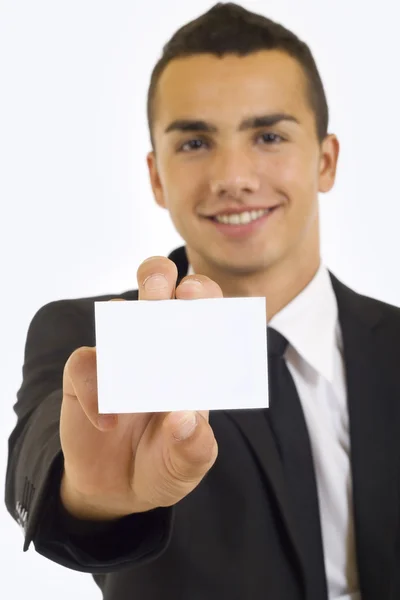Empresário apresentando cartão — Fotografia de Stock